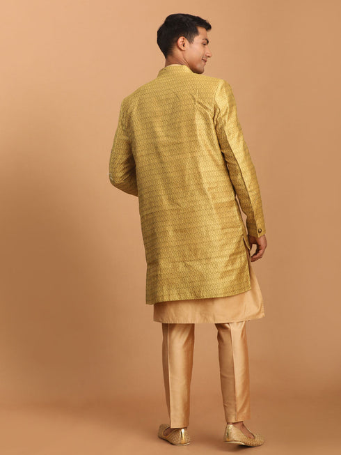 Vastramay Men's Yellow Silk Blend Sherwani With Rose Gold Kurta Pant Set
